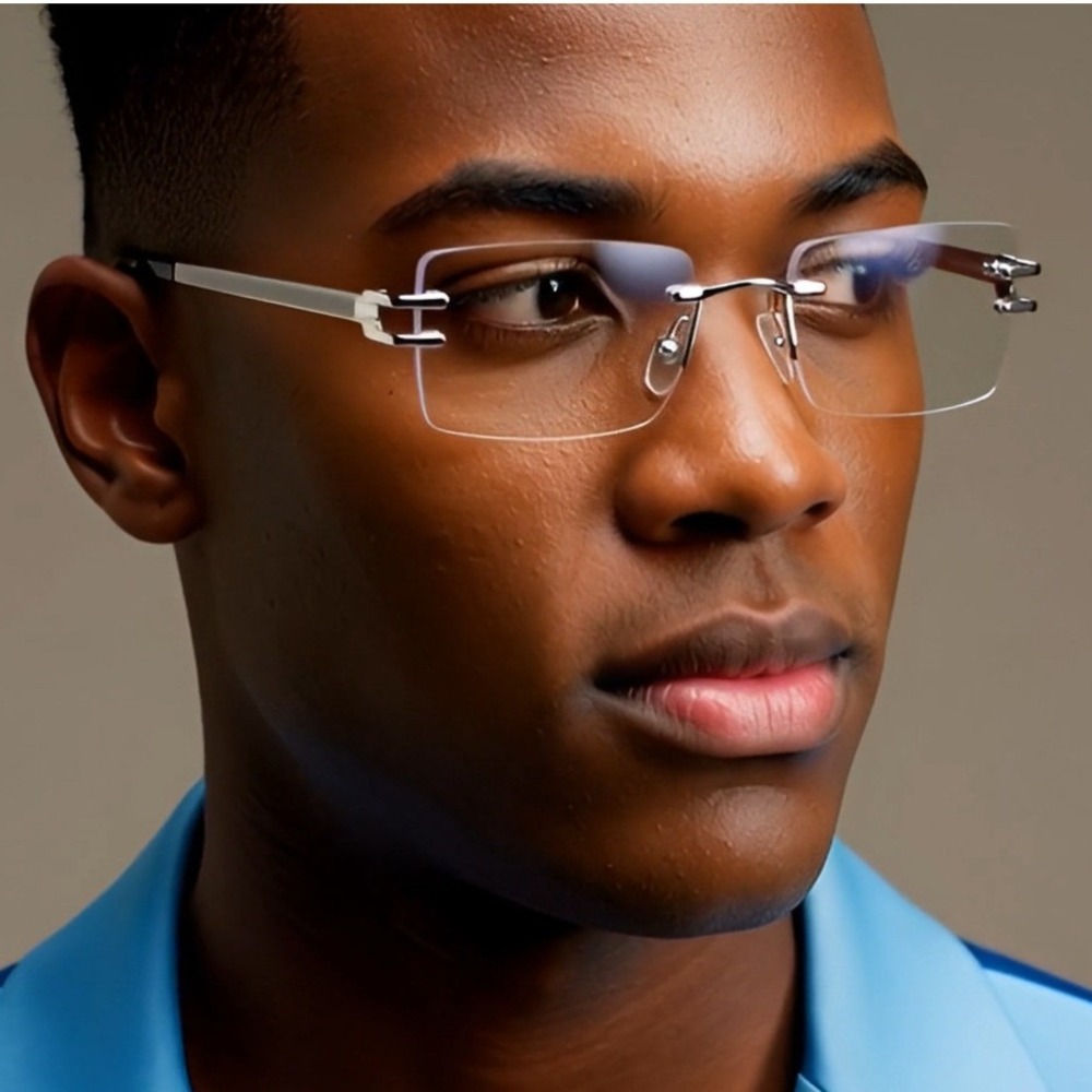 Rimless Rectangle Sunglasses Men Silver Frame Clear‎ Lens Fashion Eyewear Lentes